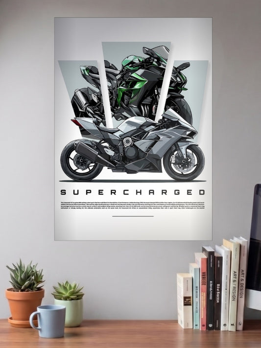 Asphalt Soul supercharged Bikes Poster shown in A3 size on a wall above a study desk