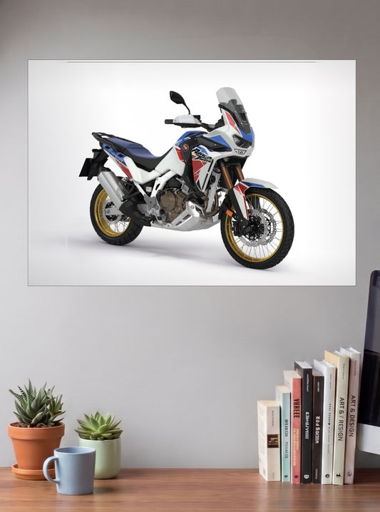 Honda Africa Twin Bikes Poster shown in A3 size on a wall above a study desk