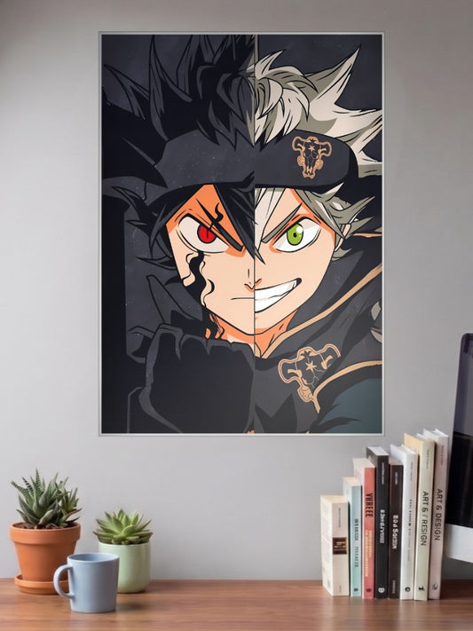 Asta Split Face Black Clover Anime Poster shown in A3 size on a wall above a study desk