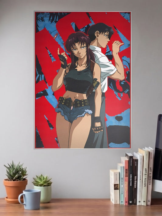 Revy and Rock Black Lagoon Anime Poster shown in A3 size on a wall above a study desk