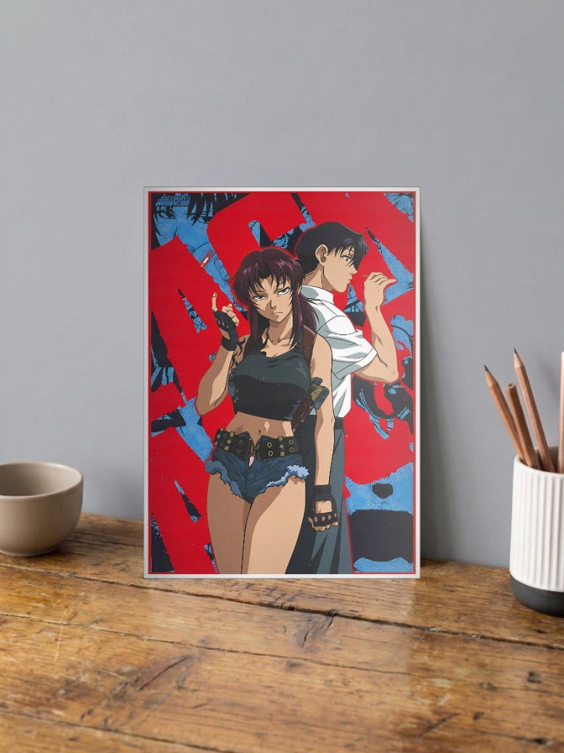 Revy and Rock Black Lagoon Anime Poster shown in A4 size on a wooden desk