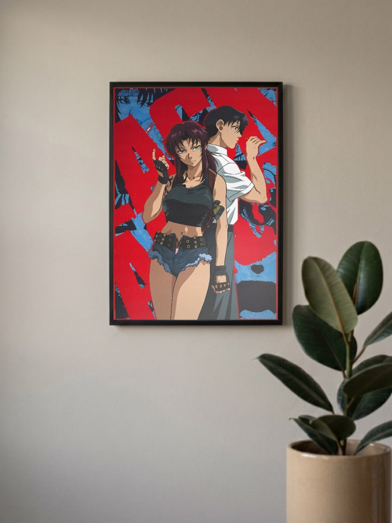 Revy and Rock Black Lagoon Anime Poster in a black frame, mounted on a wall