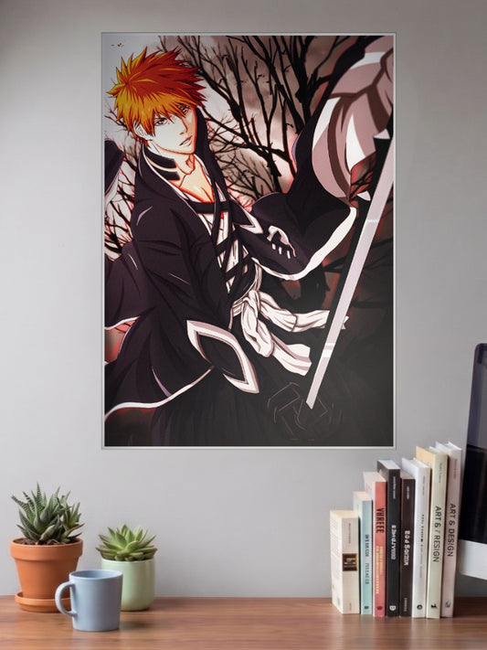 Ichigo Shinigami Zangetsu Anime Poster shown in A3 size on a wall above a study desk
