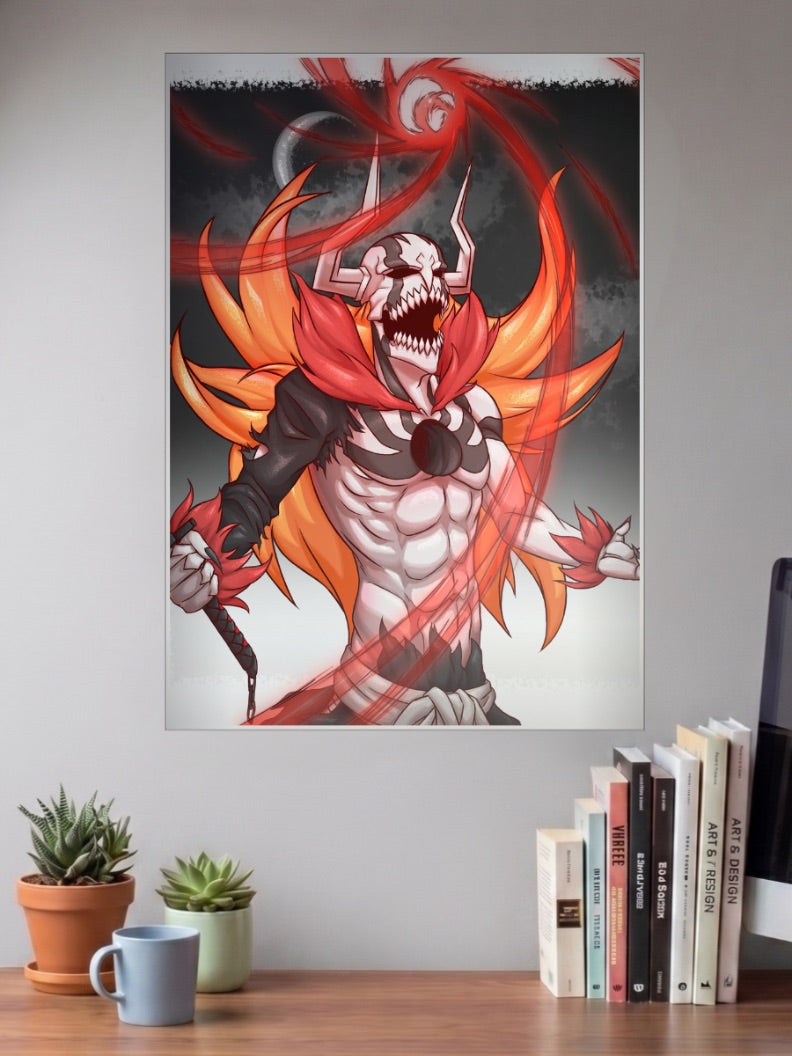 Ichigo Vasto Lorde Horns Anime Poster shown in A3 size on a wall above a study desk