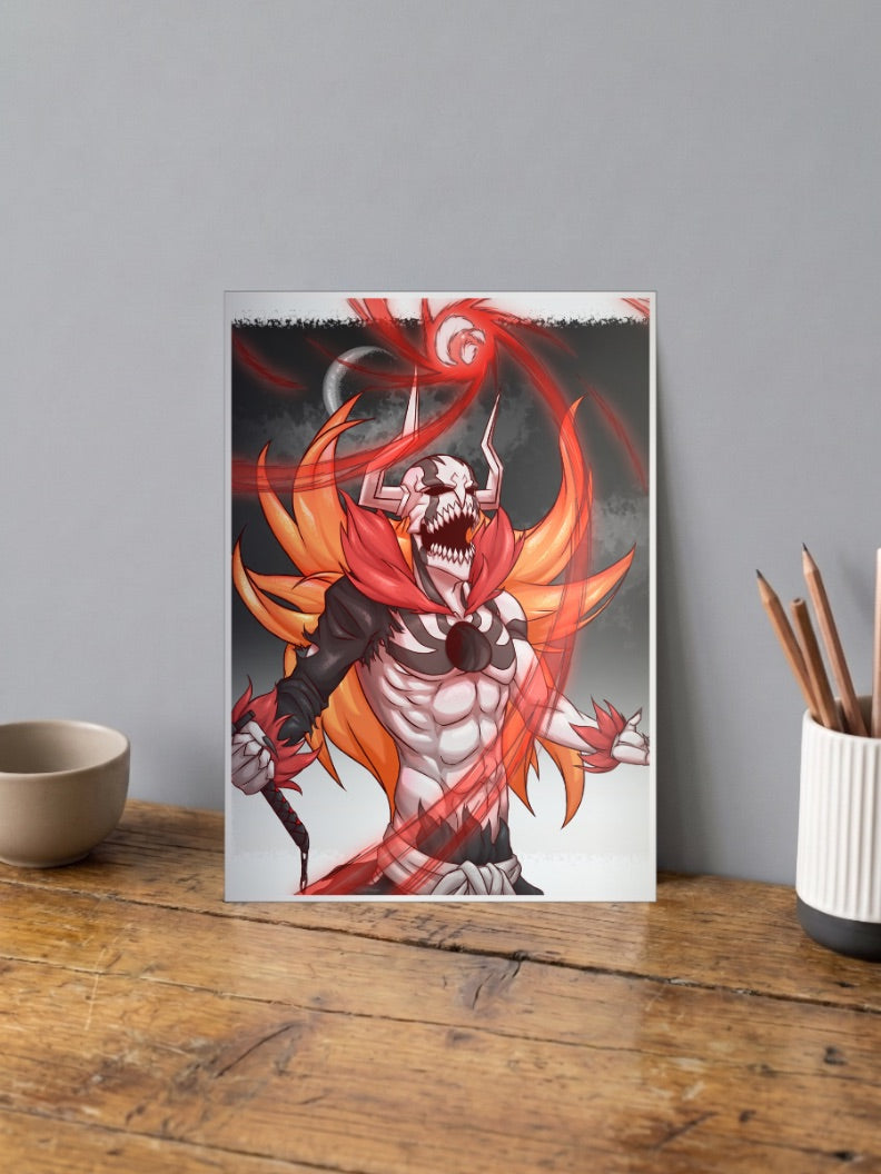 Ichigo Vasto Lorde Horns Anime Poster shown in A4 size on a wooden desk