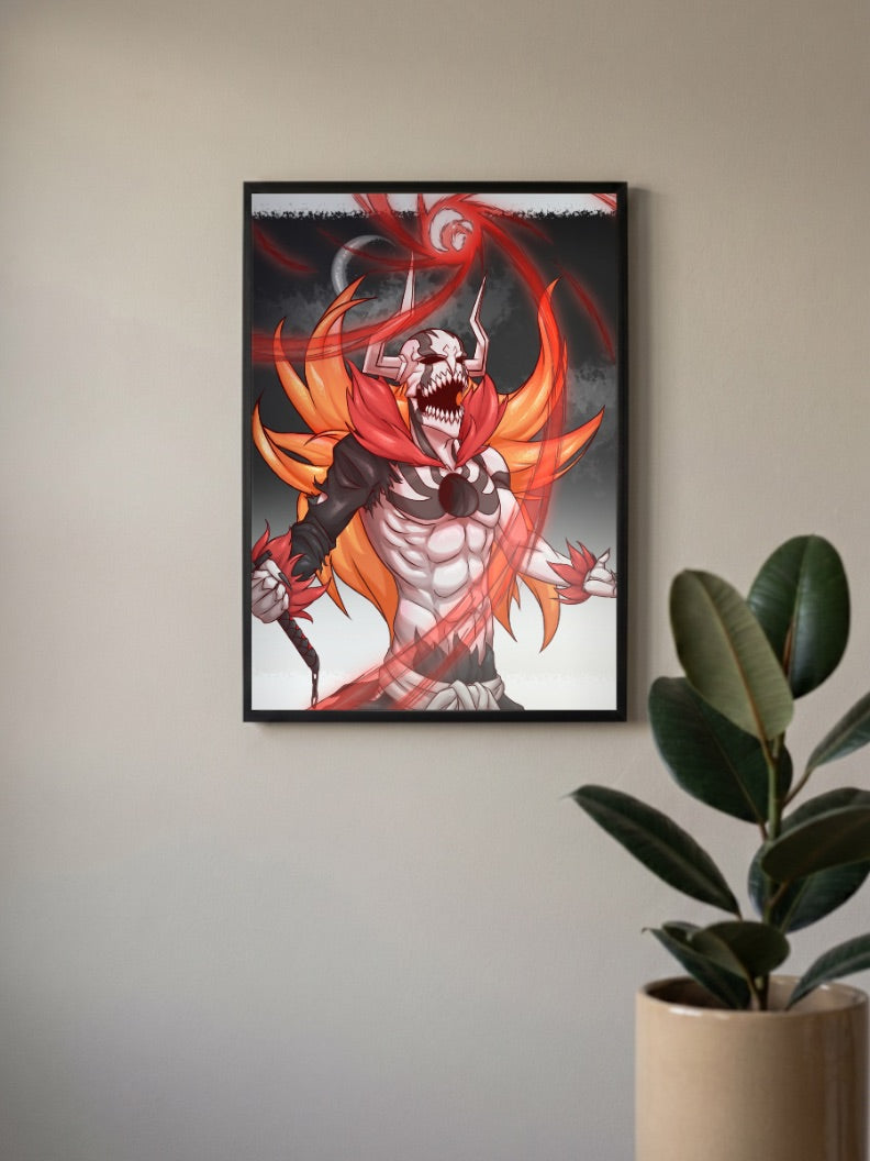 Ichigo Vasto Lorde Horns Anime Poster in a black frame, mounted on a wall