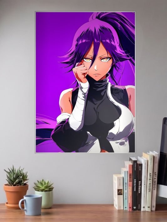 Yoruichi Purple Hair Anime Poster shown in A3 size on a wall above a study desk