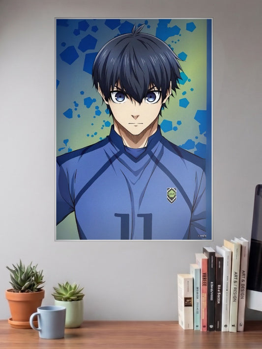 Yoichi Isagi Blue Lock Anime Poster shown in A3 size on a wall above a study desk