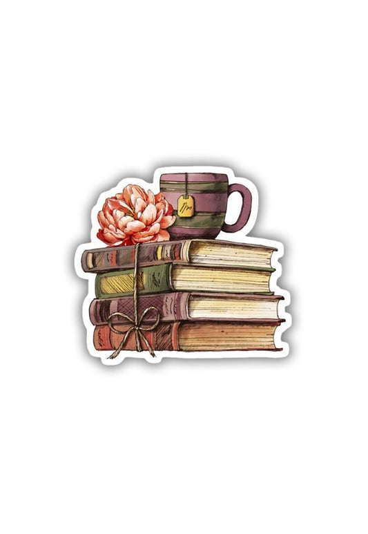 Stacks of Books with Flower and Tea Sticker