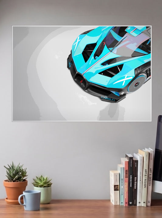 Blue Concept Supercar Cars Poster shown in A3 size on a wall above a study desk
