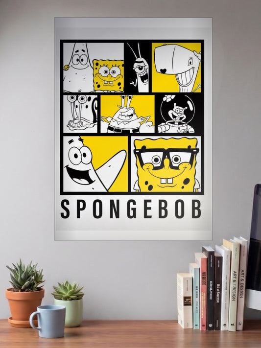SpongeBob Graphic Cartoon Poster shown in A3 size on a wall above a study desk