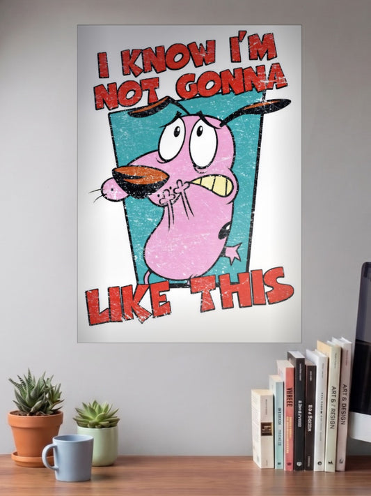 Courage the Cowardly Dog Cartoon Poster shown in A3 size on a wall above a study desk