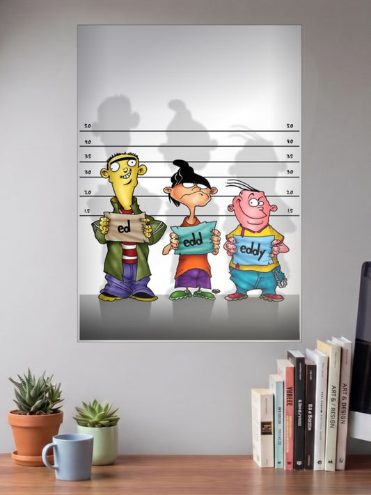 Ed Edd n Eddy Mugshot Cartoon Poster shown in A3 size on a wall above a study desk