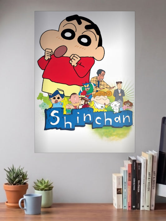 Crayon Shin Chan Family Cartoon Poster shown in A3 size on a wall above a study desk