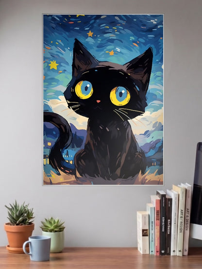 Starry Cat Blue Night Abstract Poster