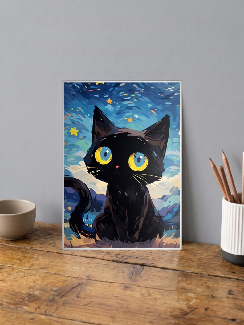 Starry Cat Blue Night Abstract Poster