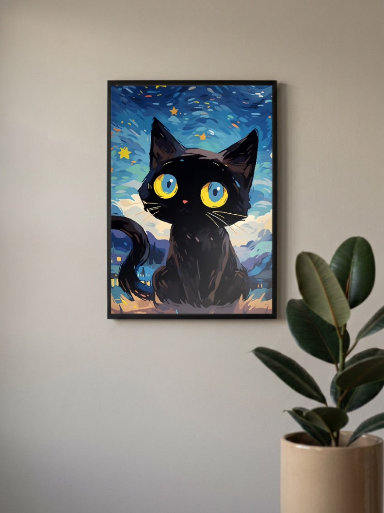 Starry Cat Blue Night Abstract Poster