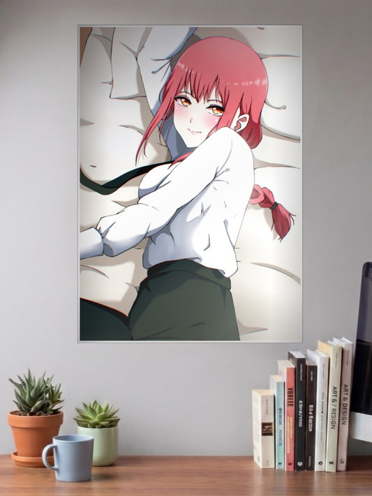 Makima Braid Chainsaw Man Anime Poster shown in A3 size on a wall above a study desk
