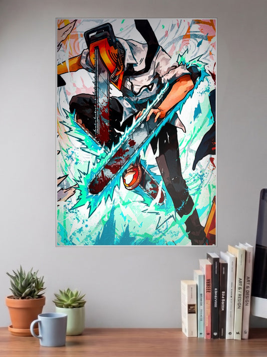 Denji Blue Energy Chainsaw Man Anime Poster shown in A3 size on a wall above a study desk