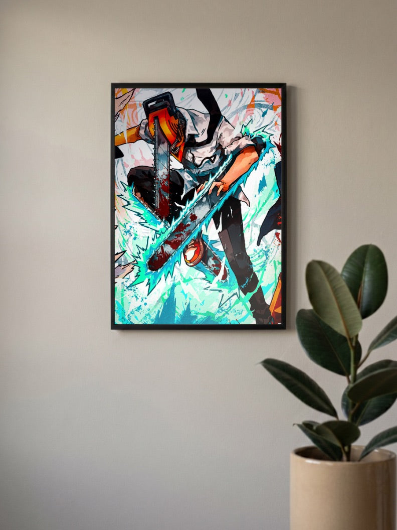 Denji Blue Energy Chainsaw Man Anime Poster