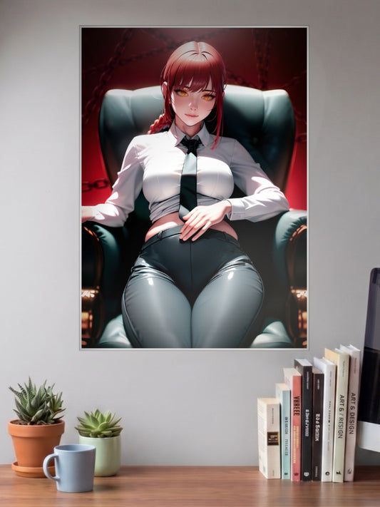 Makima Formal Chainsaw Man Anime Poster shown in A3 size on a wall above a study desk