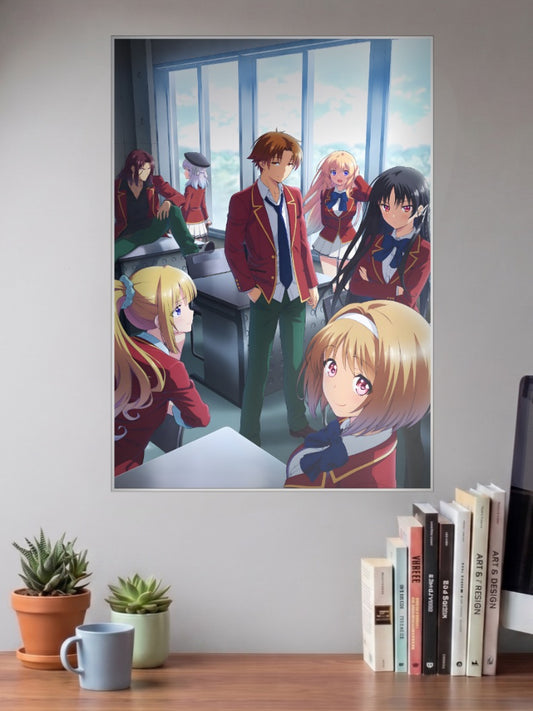 Classroom Elite Anime Poster shown in A3 size on a wall above a study desk