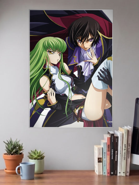 Lelouch and Cc Code Geass Anime Poster shown in A3 size on a wall above a study desk