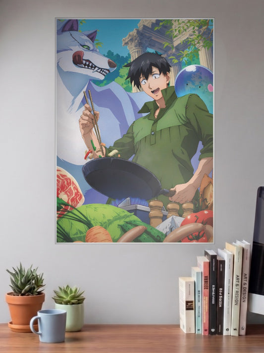 Mukouda Campfire Cooking Anime Poster shown in A3 size on a wall above a study desk