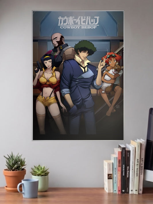 Spike and Faye Cowboy Bebop Anime Poster shown in A3 size on a wall above a study desk