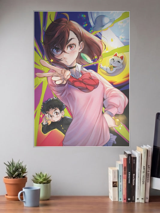 Momo Ayase Peace Sign Anime Poster shown in A3 size on a wall above a study desk