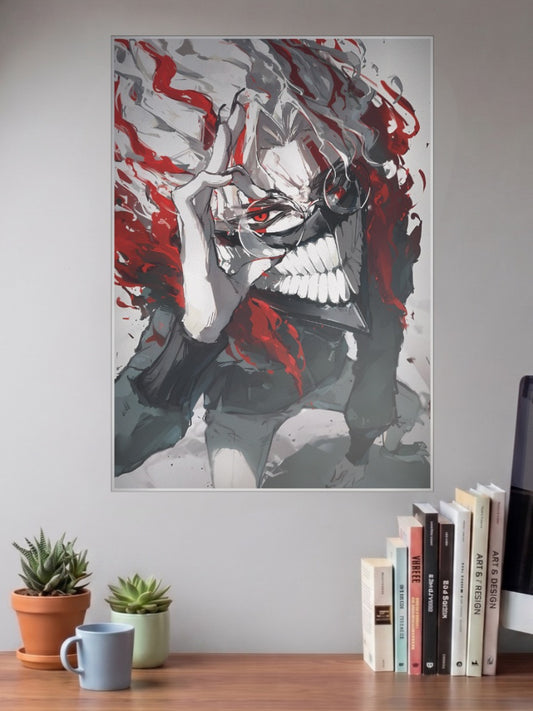 Dandadan Ink Demon Art Anime Poster shown in A3 size on a wall above a study desk