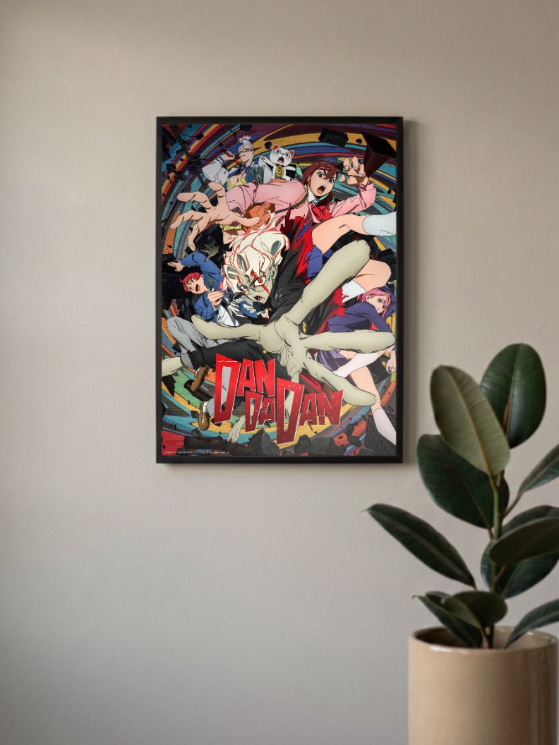 Dandadan Cast Reaching Out Anime Poster in a black frame, mounted on a wall