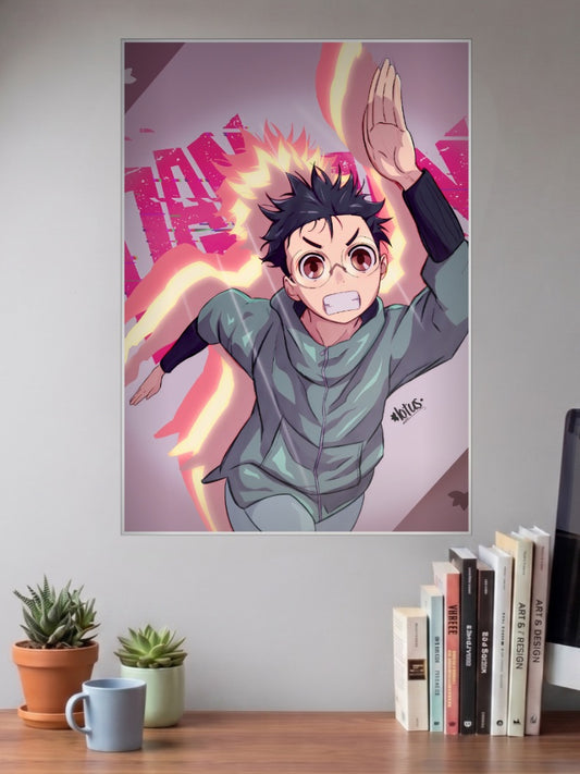 Dandadan Beach Fanservice Anime Poster shown in A3 size on a wall above a study desk