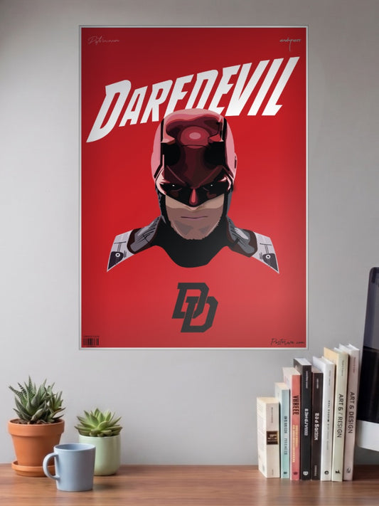 Daredevil Head Portrait Marvel Poster shown in A3 size on a wall above a study desk