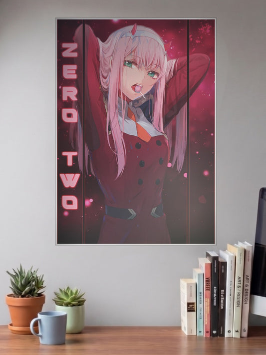 Zero Two Lollipop Portrait Anime Poster shown in A3 size on a wall above a study desk
