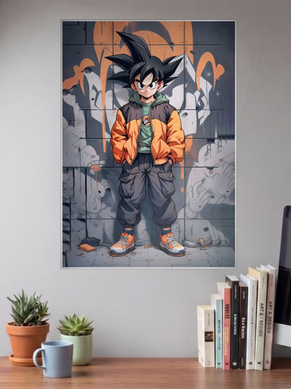 Kid Goku Streetwear Style Anime Poster shown in A3 size on a wall above a study desk