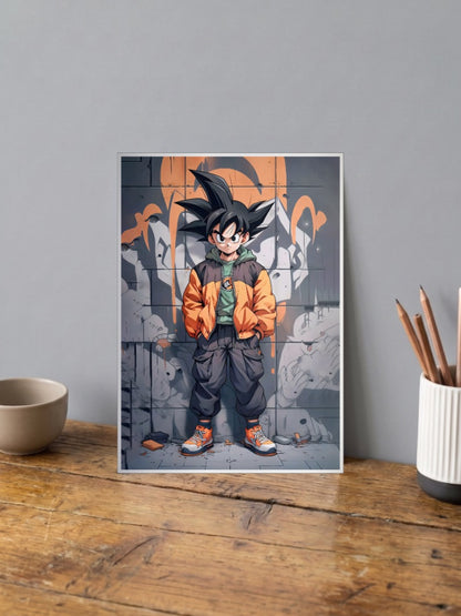 Kid Goku Streetwear Style Anime Poster shown in A4 size on a wooden desk