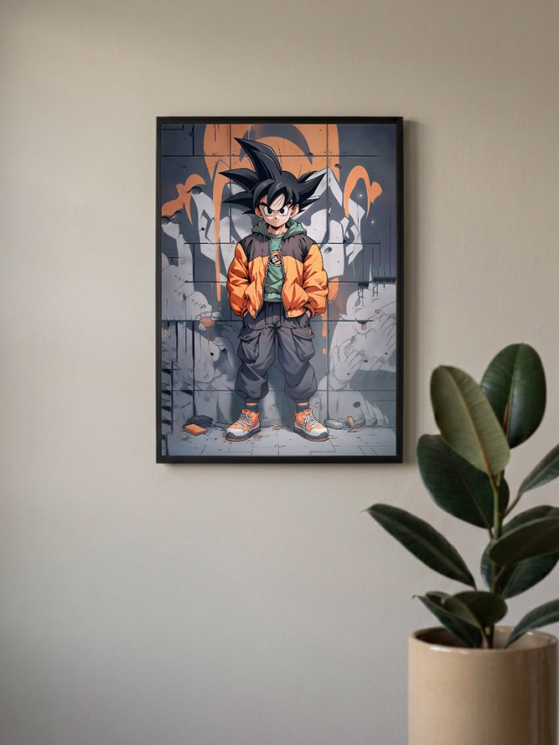 Kid Goku Streetwear Style Anime Poster in a black frame, mounted on a wall