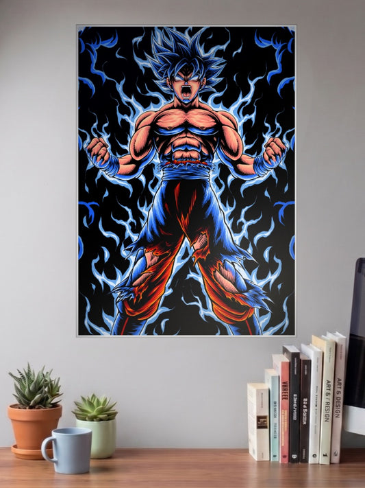 Goku Ultra Instinct Blue Anime Poster shown in A3 size on a wall above a study desk