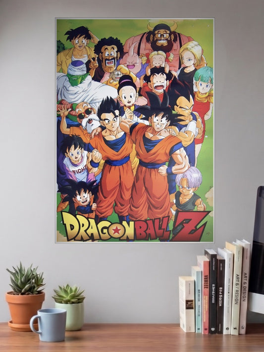 Dragon Ball Z Cast Poster Anime Poster shown in A3 size on a wall above a study desk
