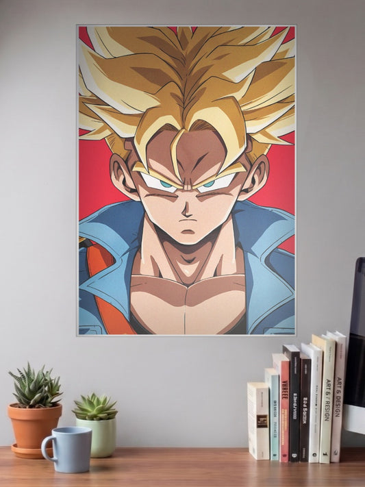 Future Trunks Super Saiyan Anime Poster shown in A3 size on a wall above a study desk