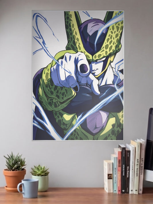 Cell Perfect Form Point Anime Poster shown in A3 size on a wall above a study desk