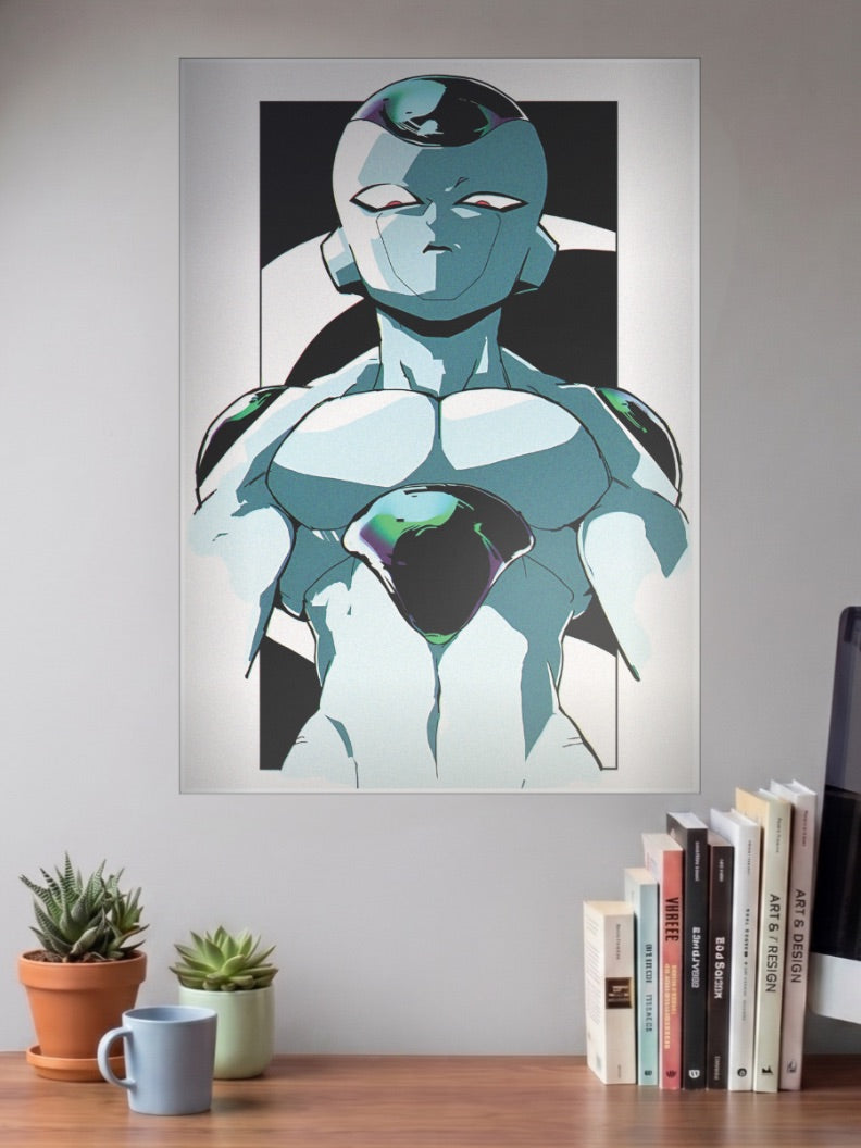 Frieza Meditative Portrait Anime Poster shown in A3 size on a wall above a study desk
