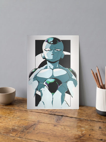 Frieza Meditative Portrait Anime Poster shown in A4 size on a wooden desk