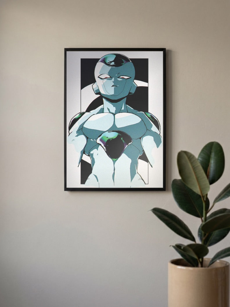 Frieza Meditative Portrait Anime Poster in a black frame, mounted on a wall