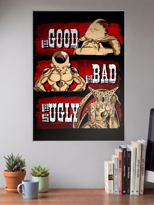 Good Bad And Ugly Dragon Ball Anime Poster shown in A3 size on a wall above a study desk