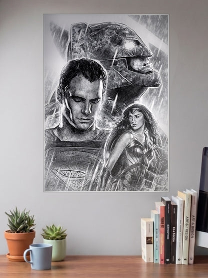 Batman V Superman Sketch DC Poster shown in A3 size on a wall above a study desk