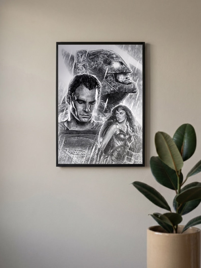 Batman V Superman Sketch DC Poster in a black frame, mounted on a wall