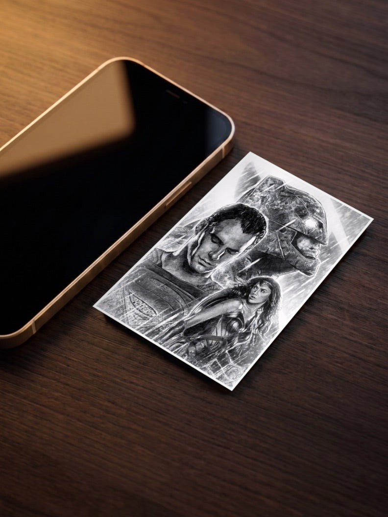 Batman V Superman Sketch DC Poster as a pocket poster, sized to fit behind a phone case