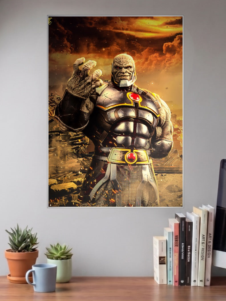 Darkseid Apocalyptic Portrait DC Poster shown in A3 size on a wall above a study desk